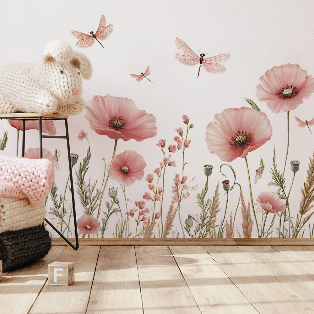 Home Cinema Wall - Suluboya Pembe Çiçekler Yusufçuk duvar çıkartmaları